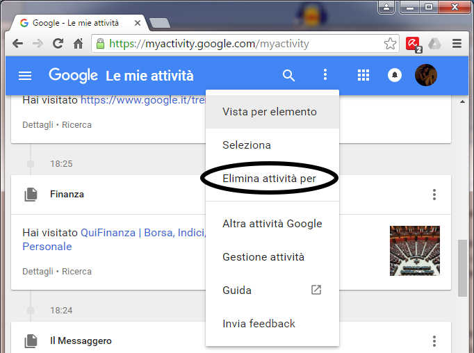 Elenco attività su Google My Activity