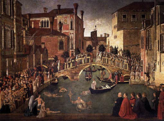Gentile Bellini. Il miracolo della Croce caduta nel Canale di San Lorenzo. 1500.