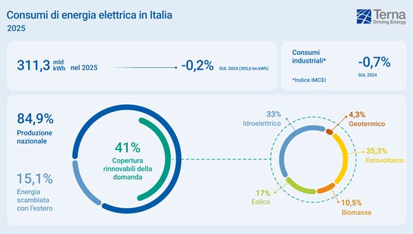 Energia, Terna: in 2025 consumi elettrici stabili, a dicembre +1,8%