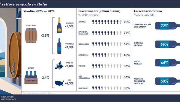 Vino italiano: vendite in calo nel 2025 ma il settore resta competitivo e si trasforma